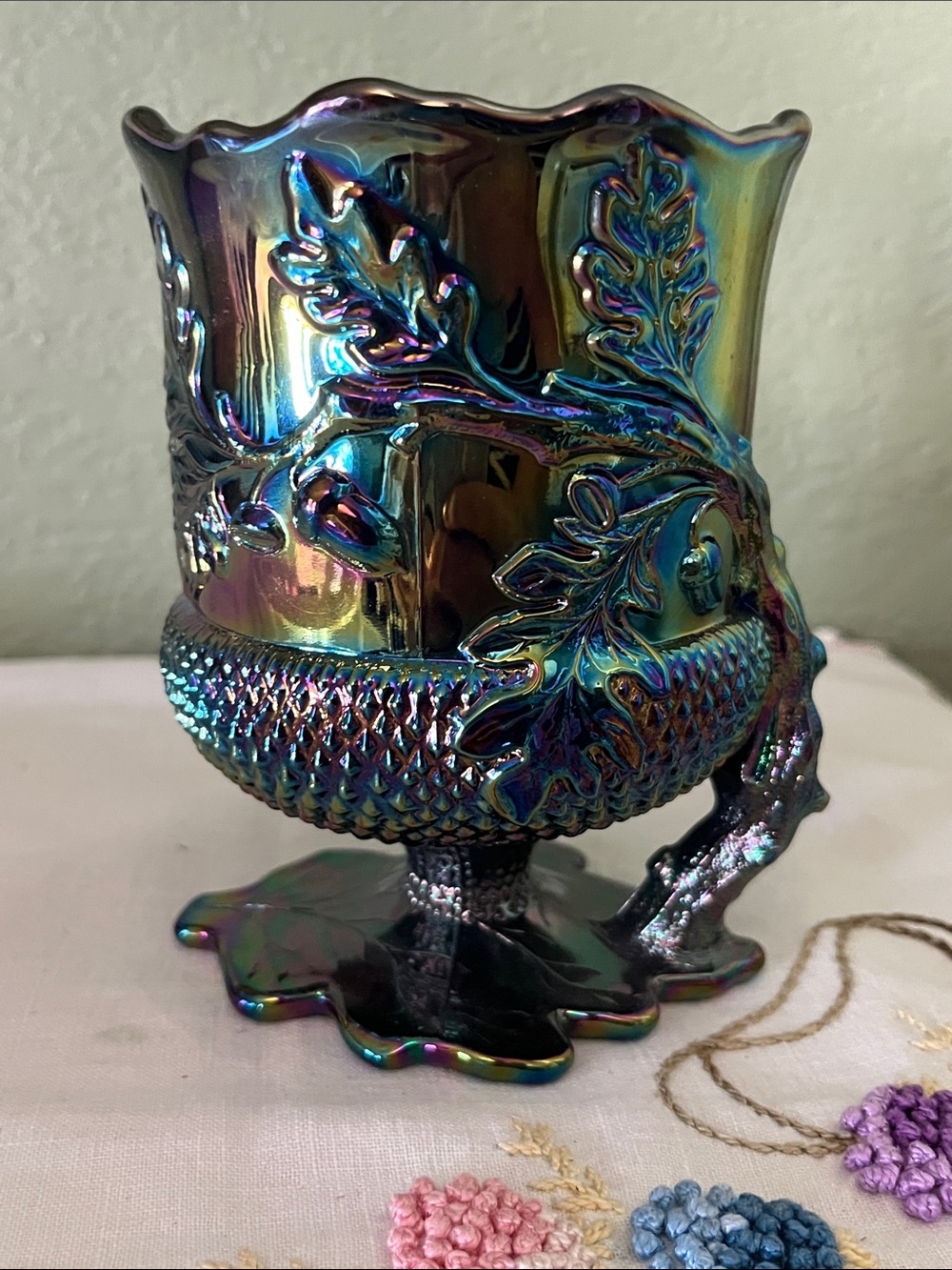 Mosser Glass Acorn Leaf Spooner Bowl - Amethyst Carnival Glass - 2008 Oil Slick